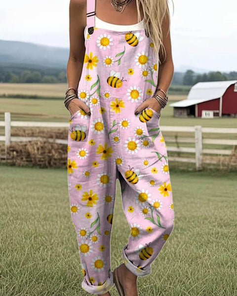 Eustacia — Pink Daisy and Bee Print Overalls