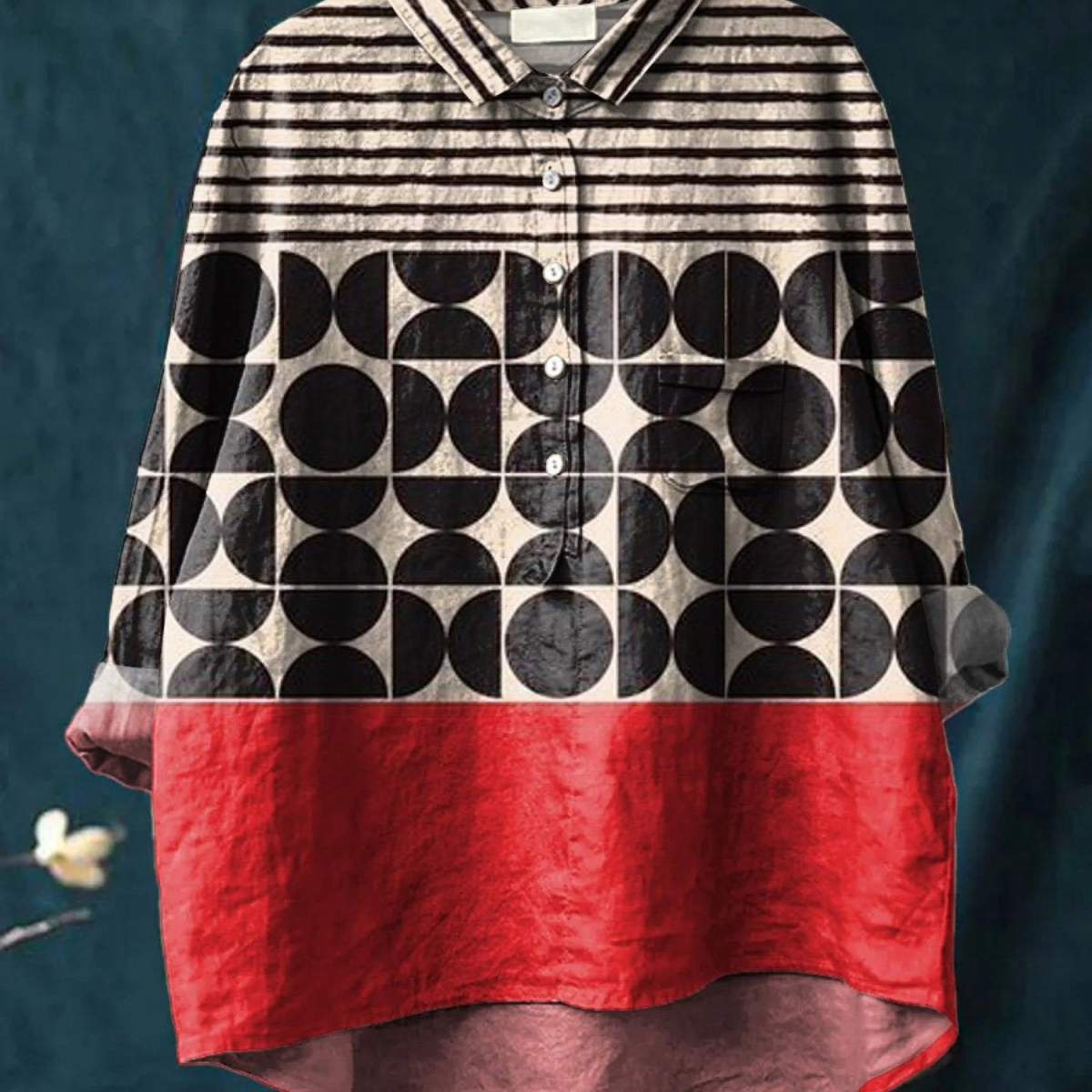 Lucasta — Geometric Stripe and Red Colour-Block Print Button-Up Blouse