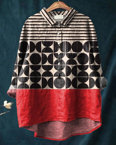 Lucasta — Geometric Stripe and Red Colour-Block Print Button-Up Blouse