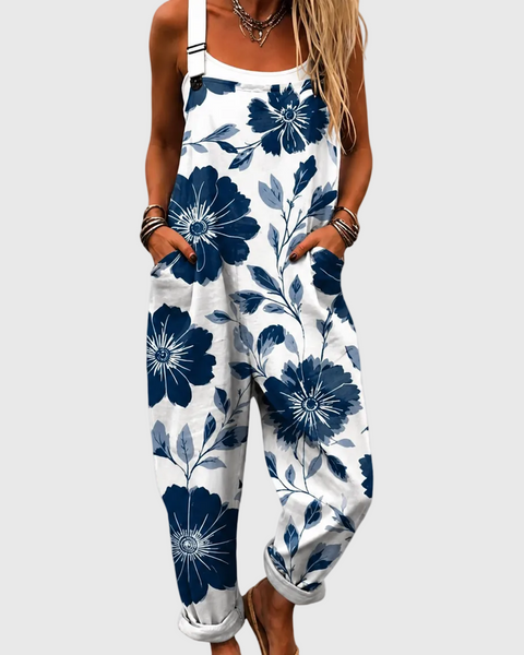 Harriet — Indigo Flower Print Overalls