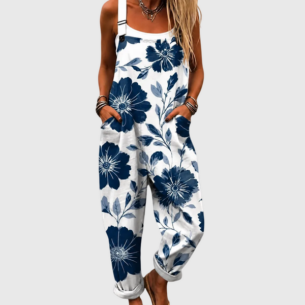 Harriet — Indigo Flower Print Overalls
