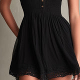Sigrun — Black Smocked Mini Dress with Sheer Sleeves and Lace-Trim Hem