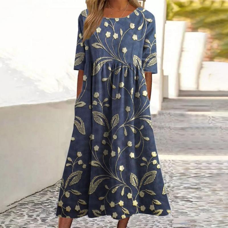 Svetlana — Navy Floral Midi Dress with Elbow Sleeves