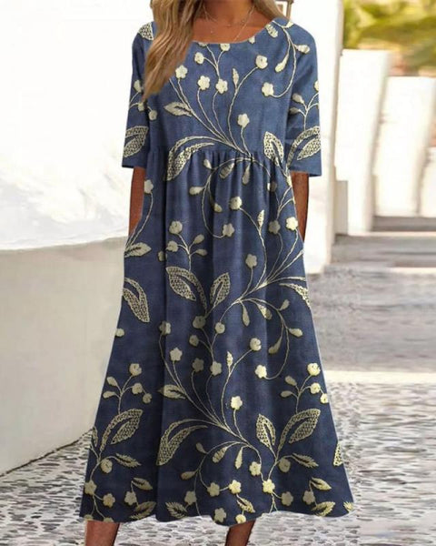 Svetlana — Navy Floral Midi Dress with Elbow Sleeves