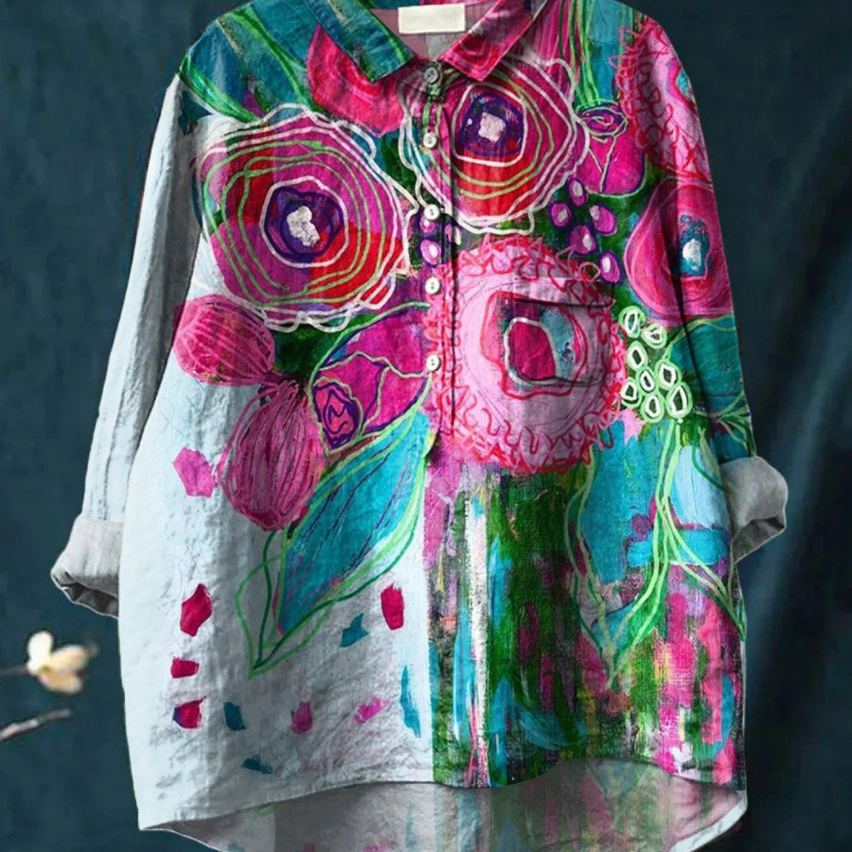 Camelia — Painterly Rose Bouquet Button-Up Blouse
