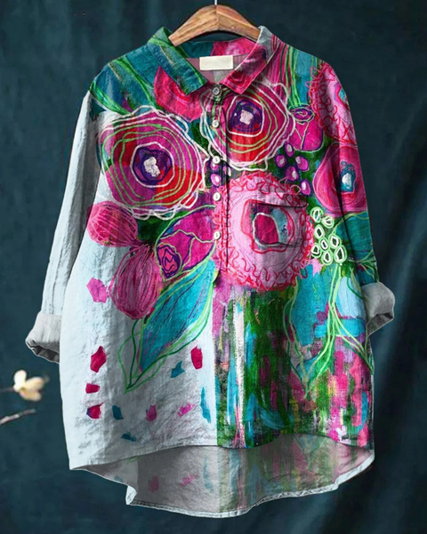 Camelia — Painterly Rose Bouquet Button-Up Blouse