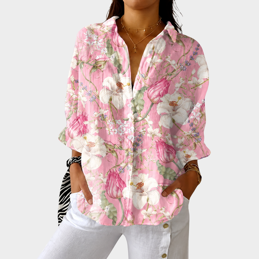 Aline — Blusa Rosa com Flores Delicadas