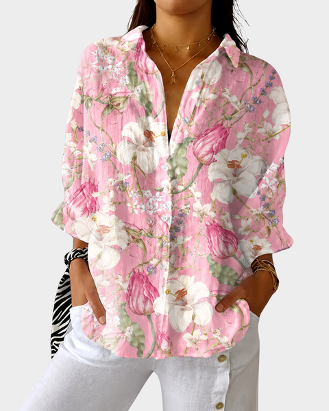 Aline — Blusa Rosa com Flores Delicadas