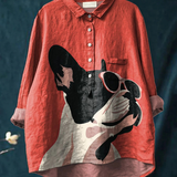 Cassilda — Red French Bulldog Print Button-Up Blouse