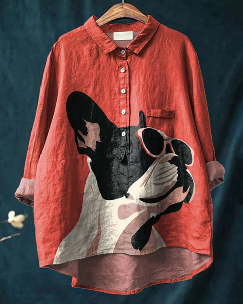 Cassilda — Red French Bulldog Print Button-Up Blouse