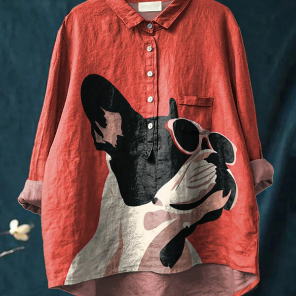 Cassilda — Red French Bulldog Print Button-Up Blouse