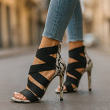 Tomoko — Strappy Elastic Stiletto Sandals with Snake-Print Heel Back