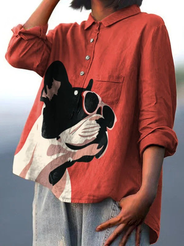 Cassilda — Red French Bulldog Print Button-Up Blouse