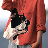 Cassilda — Red French Bulldog Print Button-Up Blouse