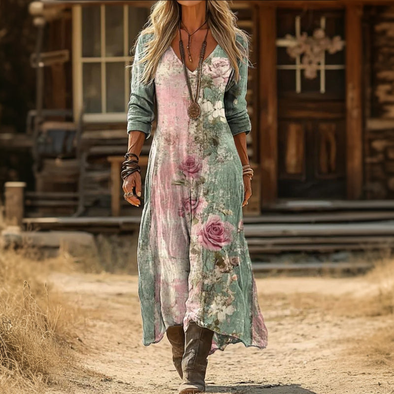Mirabelle — Mint and Pink Floral Boho Maxi Dress