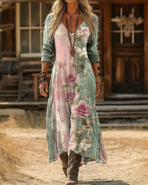 Mirabelle — Mint and Pink Floral Boho Maxi Dress