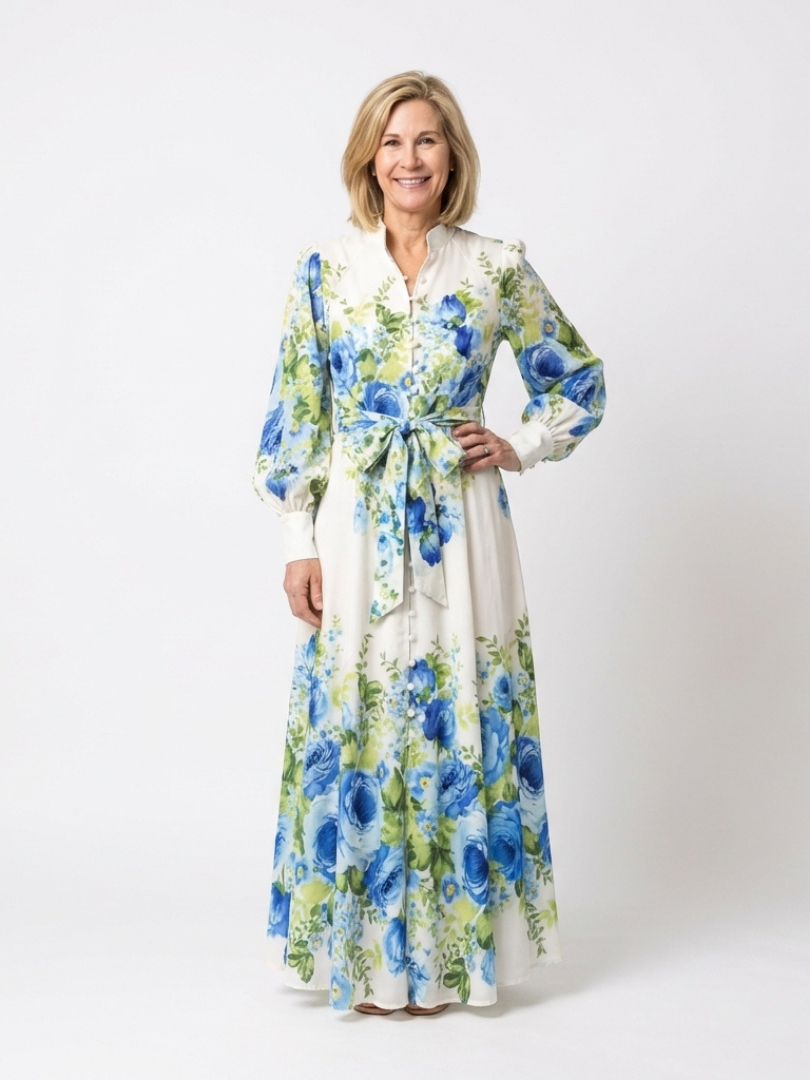 Rikke — Blue Floral Button-Front Maxi Dress with Long Sleeves and Tie Waist