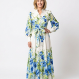 Rikke — Blue Floral Button-Front Maxi Dress with Long Sleeves and Tie Waist