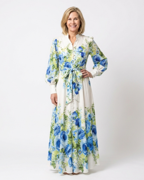 Rikke — Blue Floral Button-Front Maxi Dress with Long Sleeves and Tie Waist