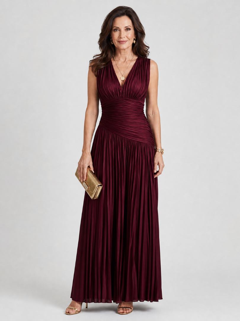 Olimpia — Burgundy Pleated V-Neck Midi Dress with Gathered Waist