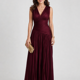 Olimpia — Burgundy Pleated V-Neck Midi Dress with Gathered Waist