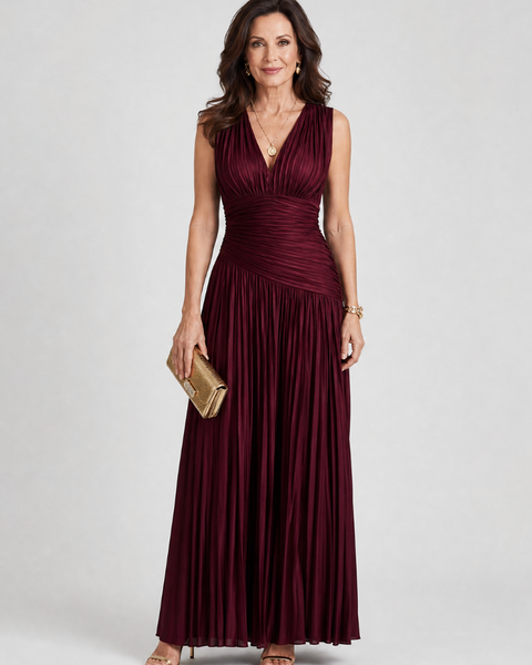 Olimpia — Burgundy Pleated V-Neck Midi Dress with Gathered Waist