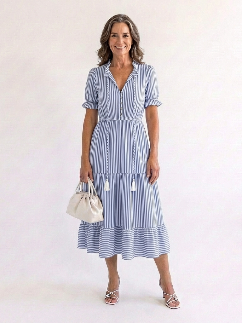Juta — Periwinkle Blue V-Neck Tiered Midi Dress with Tassel Ties