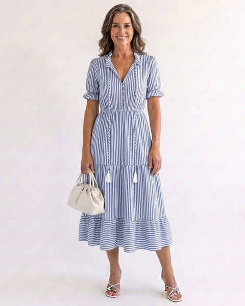 Juta — Periwinkle Blue V-Neck Tiered Midi Dress with Tassel Ties