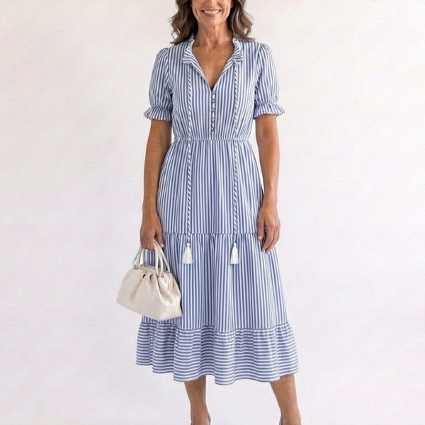 Juta — Periwinkle Blue V-Neck Tiered Midi Dress with Tassel Ties
