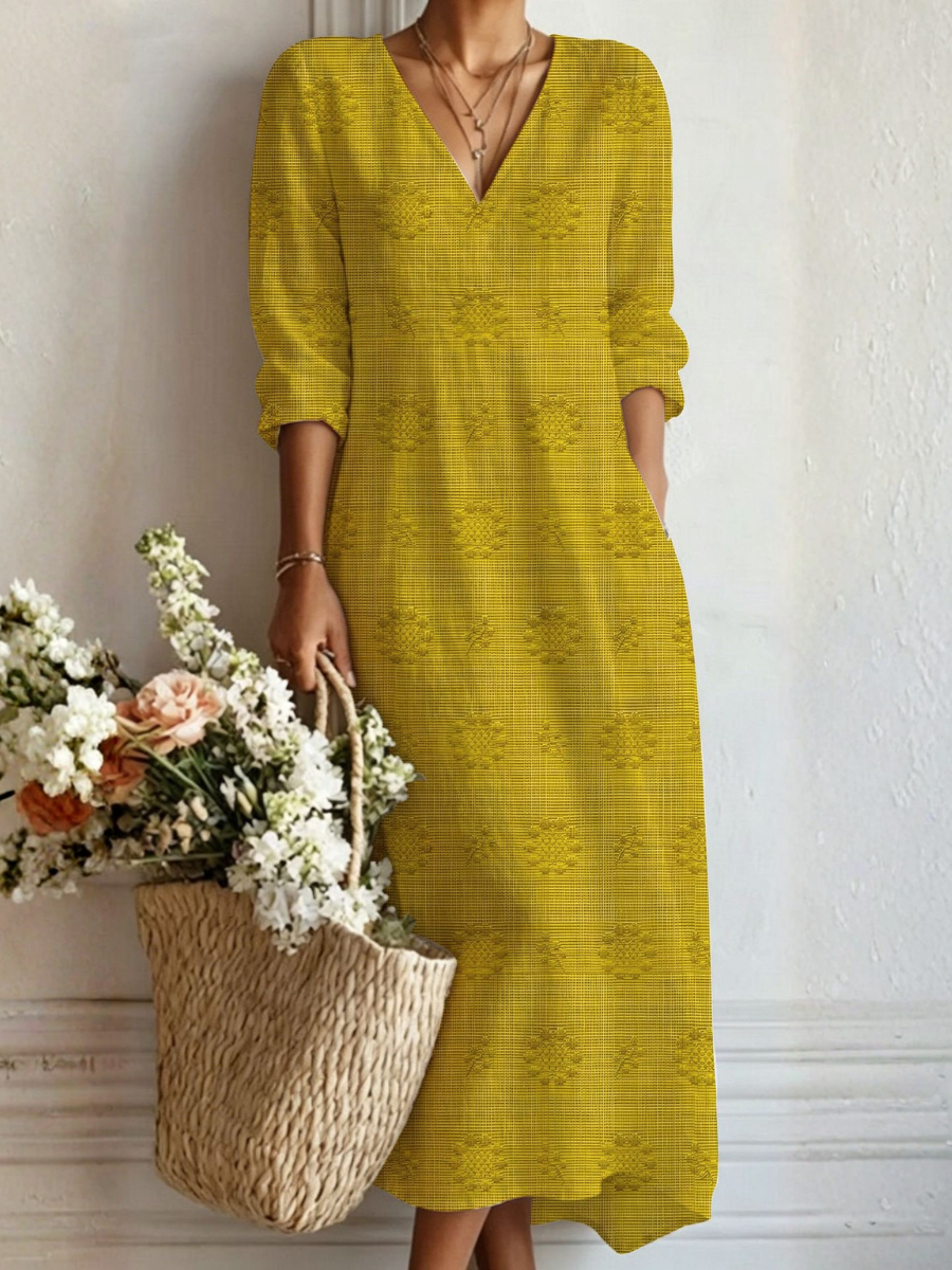 Anja — Mustard Textured V-Neck Boho Maxi Dress