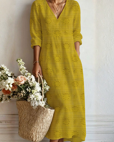 Anja — Mustard Textured V-Neck Boho Maxi Dress