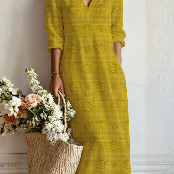 Anja — Mustard Textured V-Neck Boho Maxi Dress