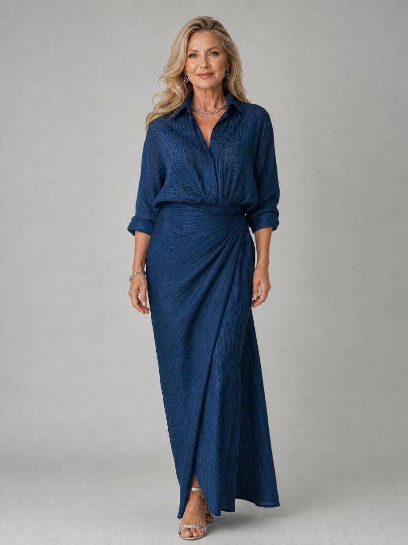 Meinwen — Navy Wrap-Front Long-Sleeve Maxi Dress with Gathered Waist