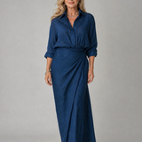 Meinwen — Navy Wrap-Front Long-Sleeve Maxi Dress with Gathered Waist