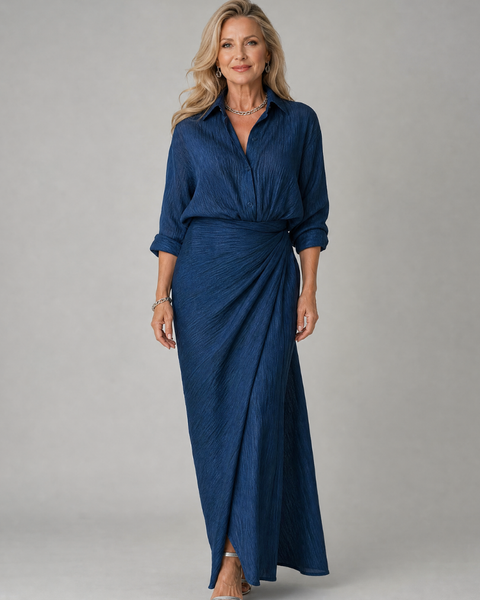 Meinwen — Navy Wrap-Front Long-Sleeve Maxi Dress with Gathered Waist