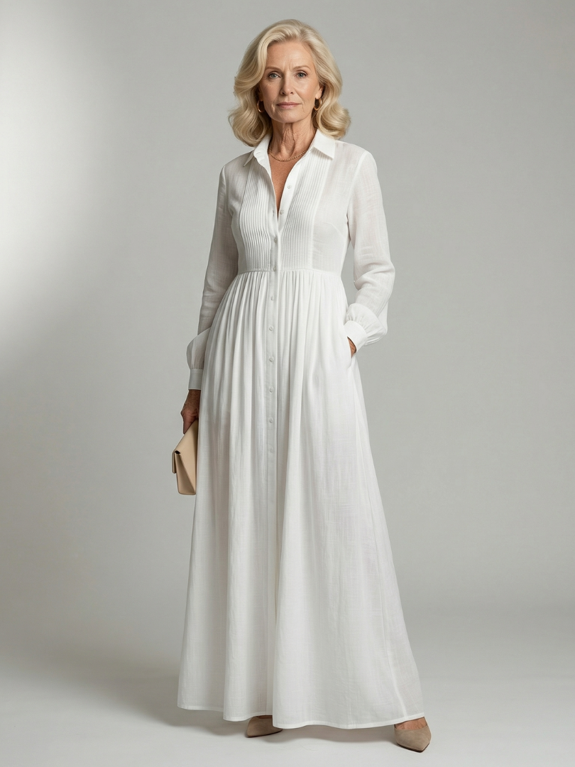 Alarice — Button-Front Pleated Shirt Maxi Dress