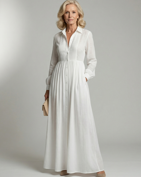 Alarice — Button-Front Pleated Shirt Maxi Dress