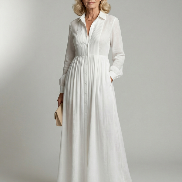 Alarice — Button-Front Pleated Shirt Maxi Dress