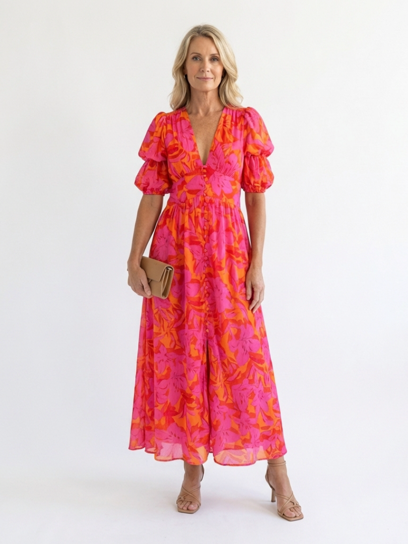 Francine — Floral Puff-Sleeve Midi Dress