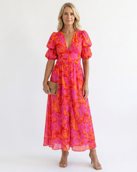 Francine — Floral Puff-Sleeve Midi Dress