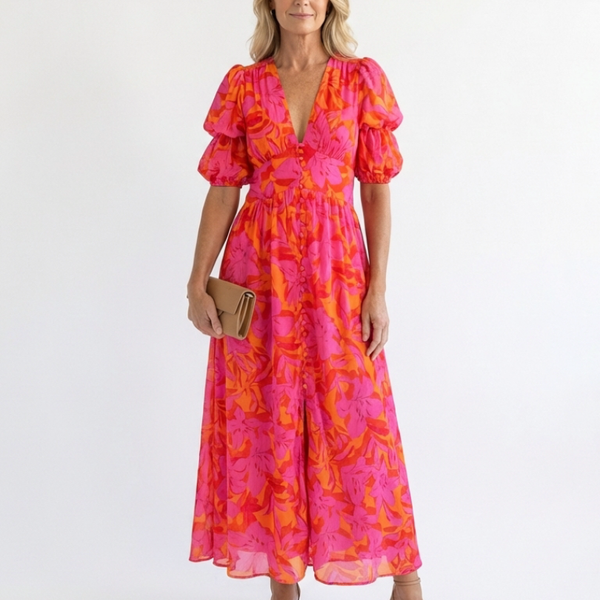 Francine — Floral Puff-Sleeve Midi Dress