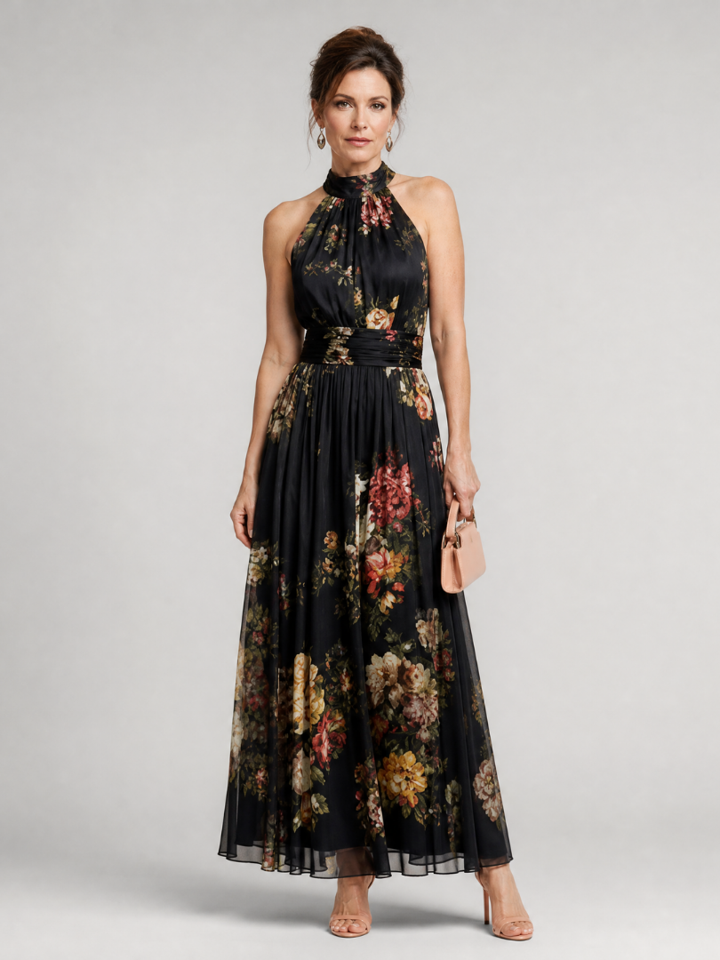 Ethne — Black Floral Halter Midi Dress with Gathered Bodice