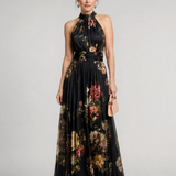 Ethne — Black Floral Halter Midi Dress with Gathered Bodice