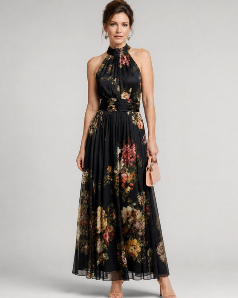 Ethne — Black Floral Halter Midi Dress with Gathered Bodice