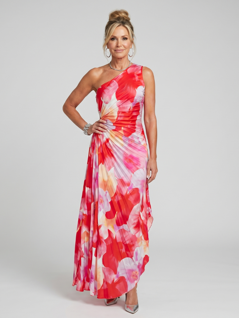 Brynja — Red Floral One-Shoulder Midi Dress with Pleated Bodice