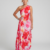 Brynja — Red Floral One-Shoulder Midi Dress with Pleated Bodice