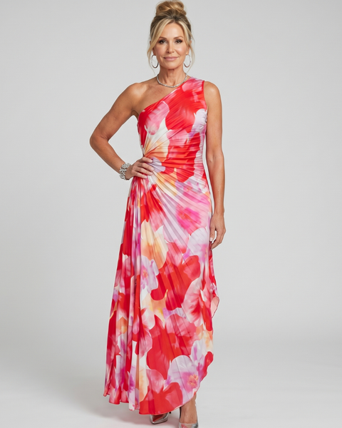 Brynja — Red Floral One-Shoulder Midi Dress with Pleated Bodice