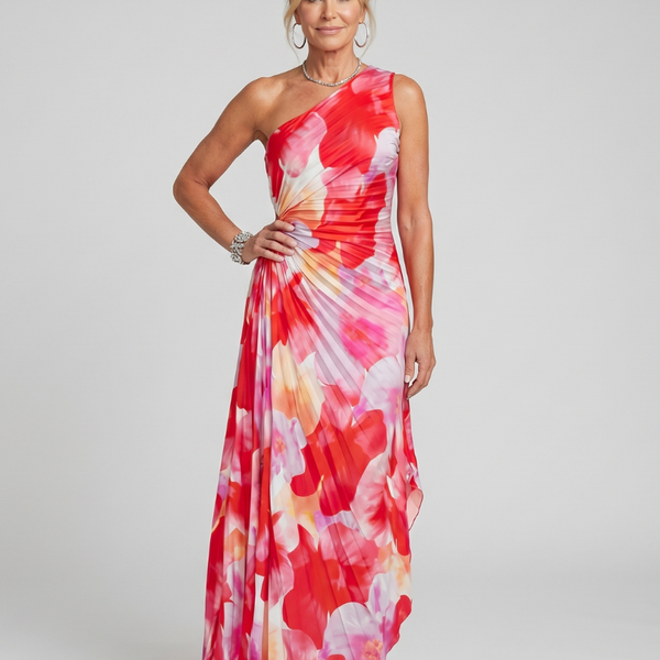 Brynja — Red Floral One-Shoulder Midi Dress with Pleated Bodice