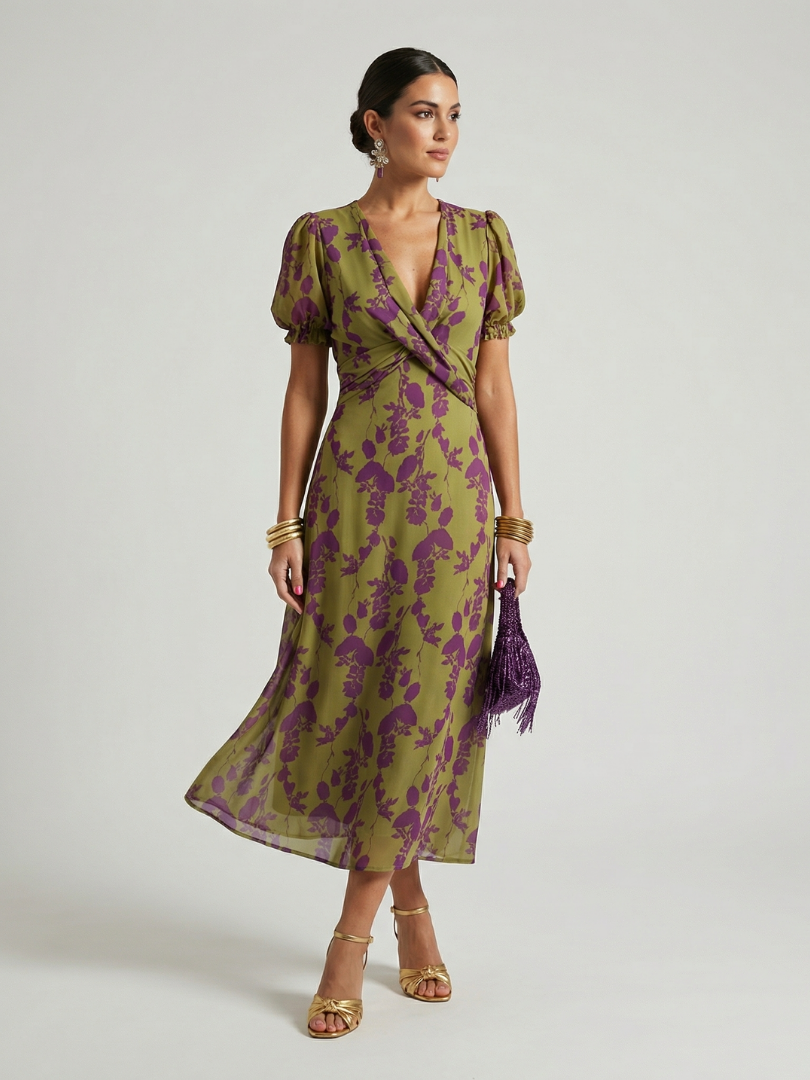 Cynara — Floral Wrap-Front Midi Dress with Puff Sleeves