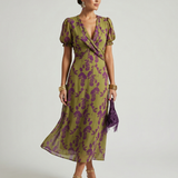 Cynara — Floral Wrap-Front Midi Dress with Puff Sleeves